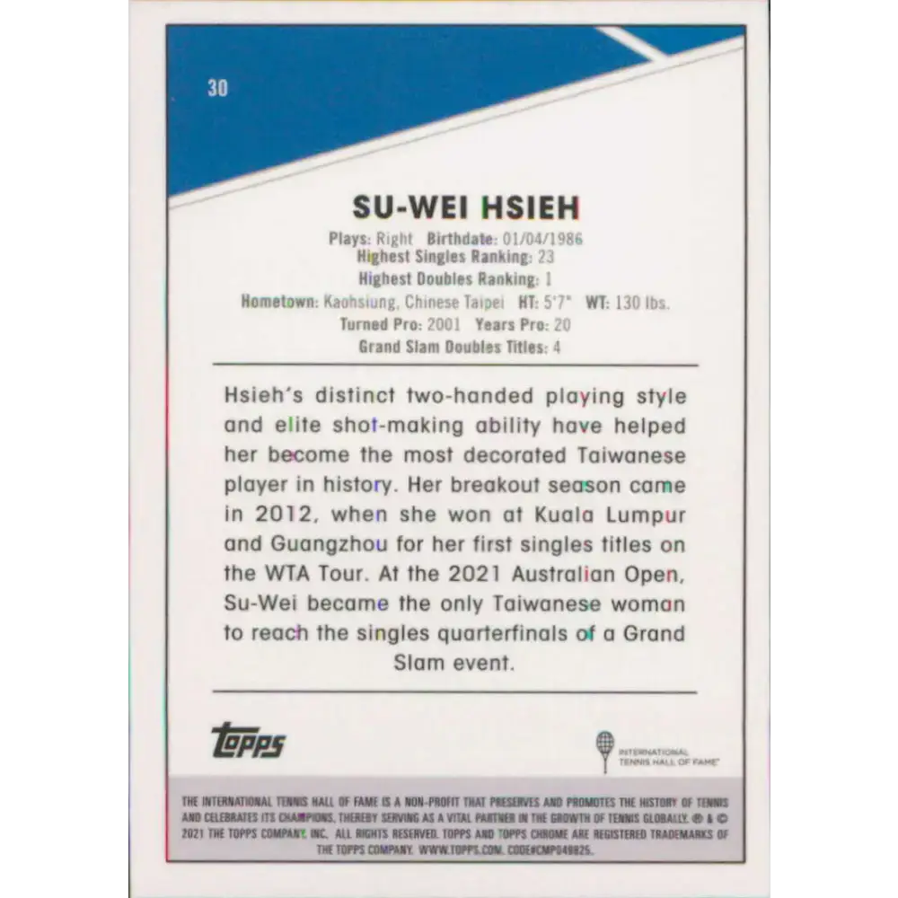 2021 Topps Chrome #30 Su-Wei Hsieh NM-MT Tennis Card - Tennis Card Single