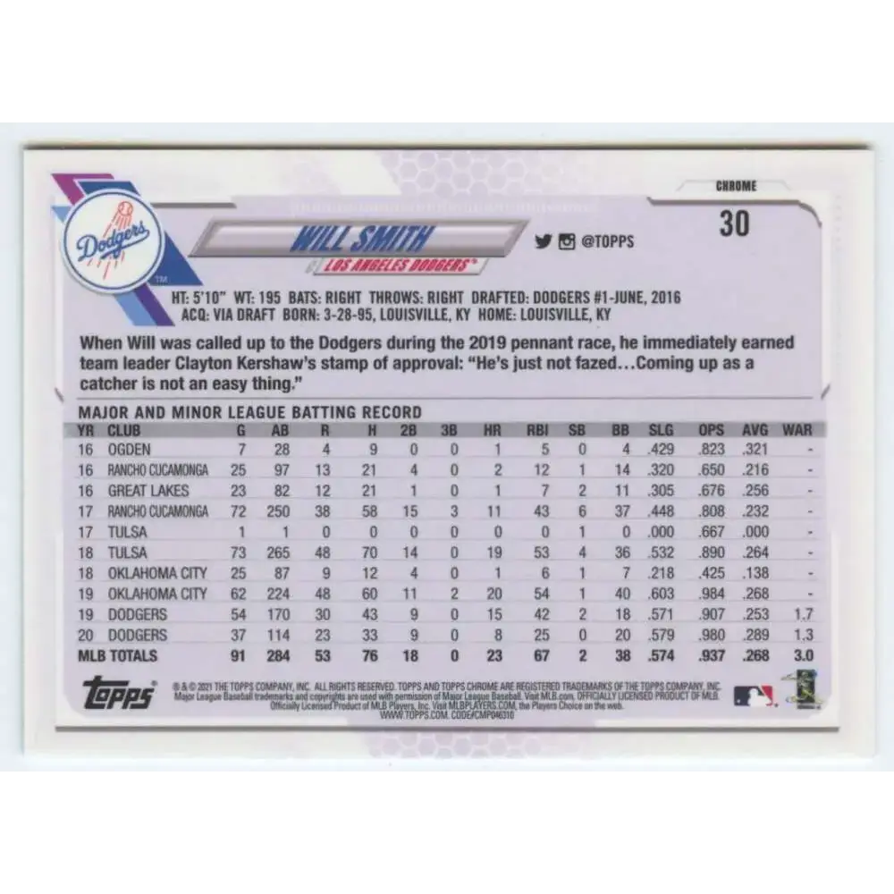 2021 Topps Chrome #30 Will Smith NM-MT Los Angeles Dodgers Baseball Card - Baseball Card Single