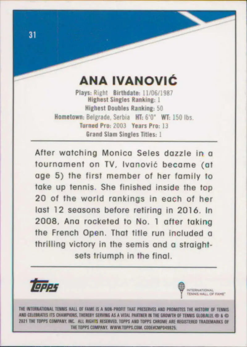 2021 Topps Chrome #31 Ana Ivanovic EX Excellent Tennis Card - Other