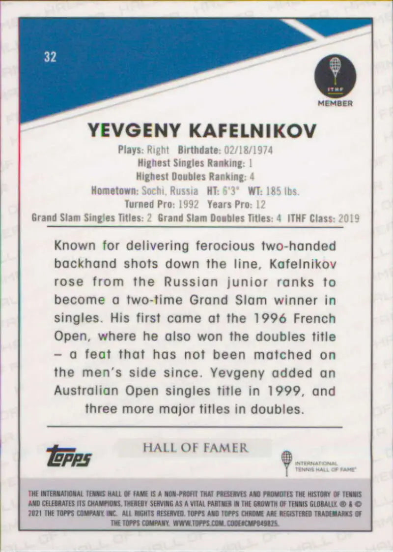 2021 Topps Chrome #32 Yevgeny Kafelnikov EX Excellent Tennis Card - Other