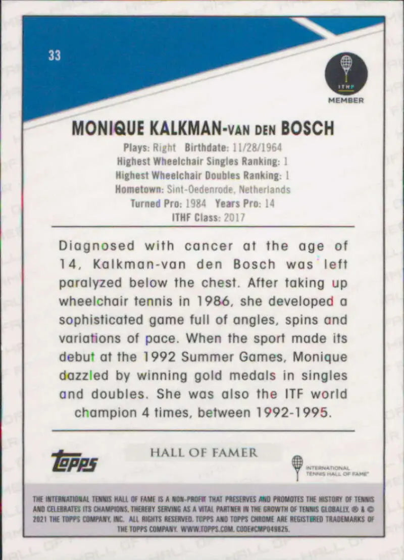 2021 Topps Chrome #33 Monique Kalkman-Van den Bosch EX Excellent Tennis Card - Tennis Card Single