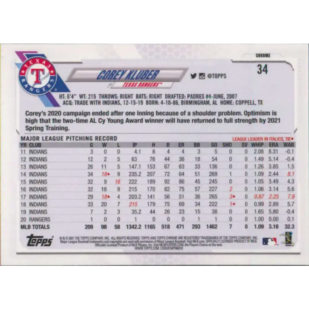 2021 Topps Chrome #34 Corey Kluber NM-MT Texas Rangers Baseball Card - Baseball Card Single
