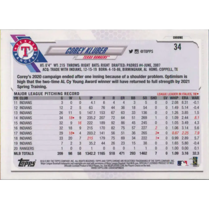2021 Topps Chrome #34 Corey Kluber NM-MT Texas Rangers Baseball Card - Baseball Card Single