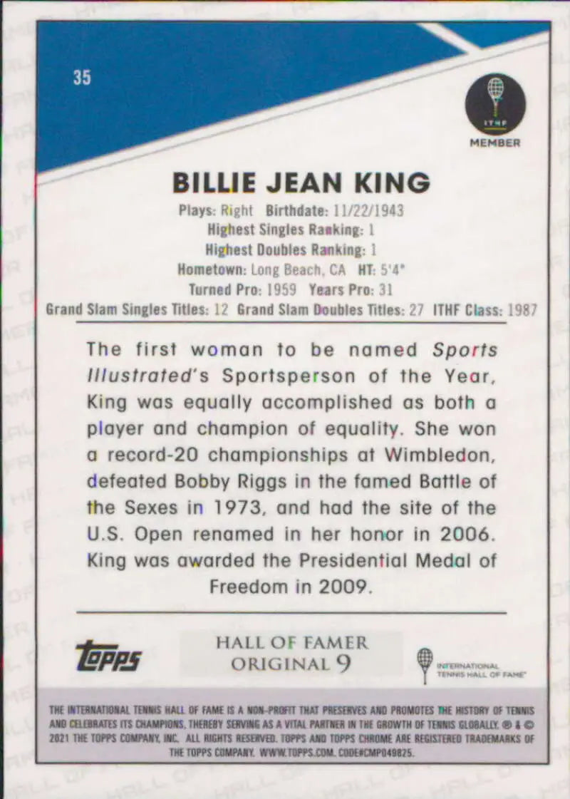 2021 Topps Chrome #35 Billie Jean King EX Excellent Tennis Card - Other