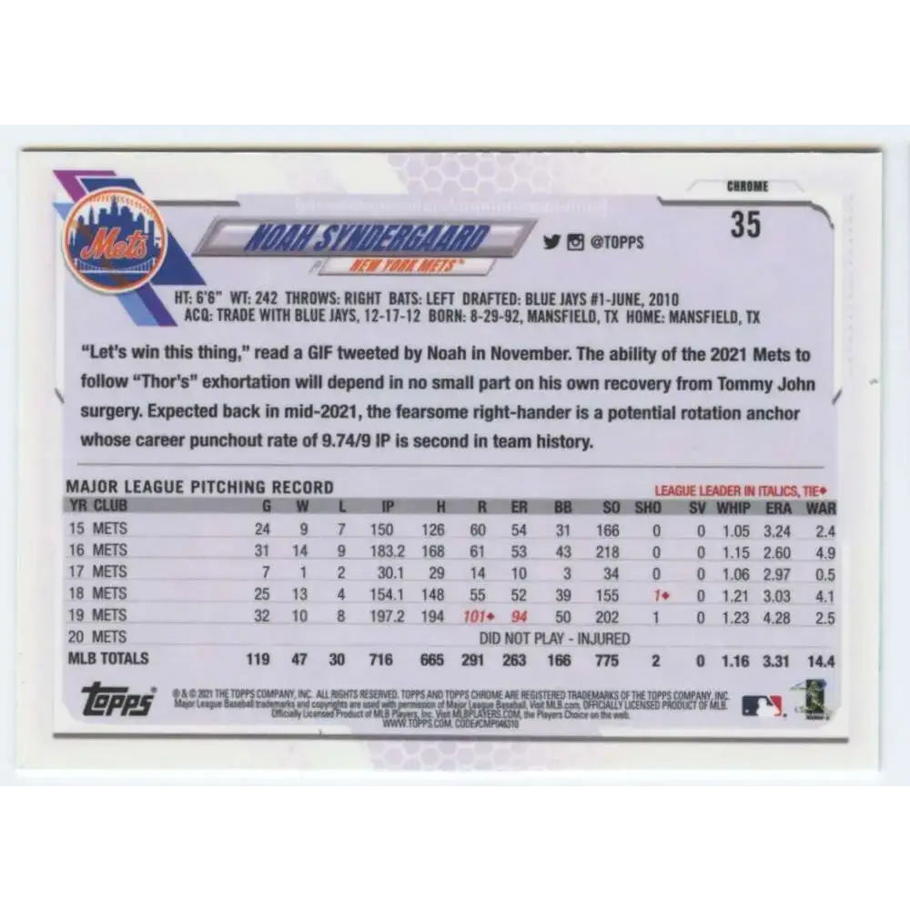 2021 Topps Chrome #35 Noah Syndergaard NM-MT New York Mets Baseball Card - Baseball Card Single