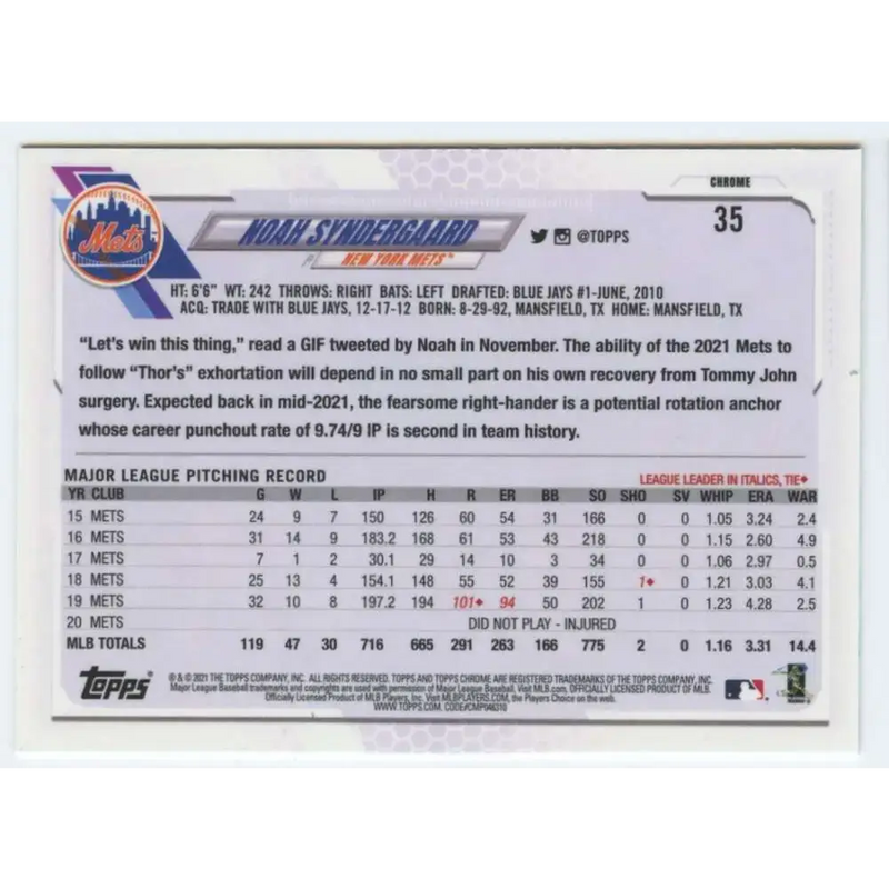 2021 Topps Chrome #35 Noah Syndergaard NM-MT New York Mets Baseball Card - Baseball Card Single