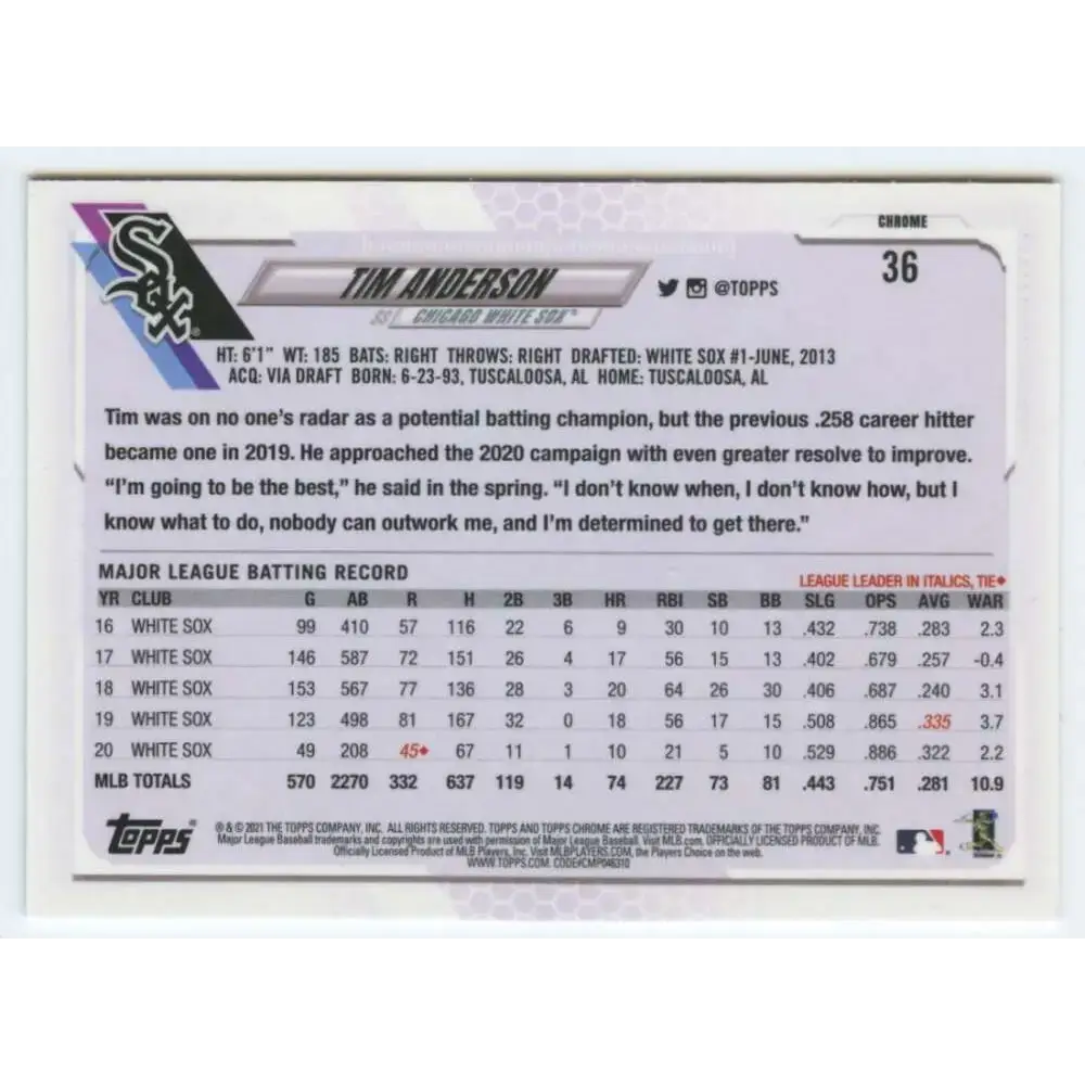 2021 Topps Chrome #36 Tim Anderson NM-MT Chicago White Sox Baseball Card - Baseball Card Single