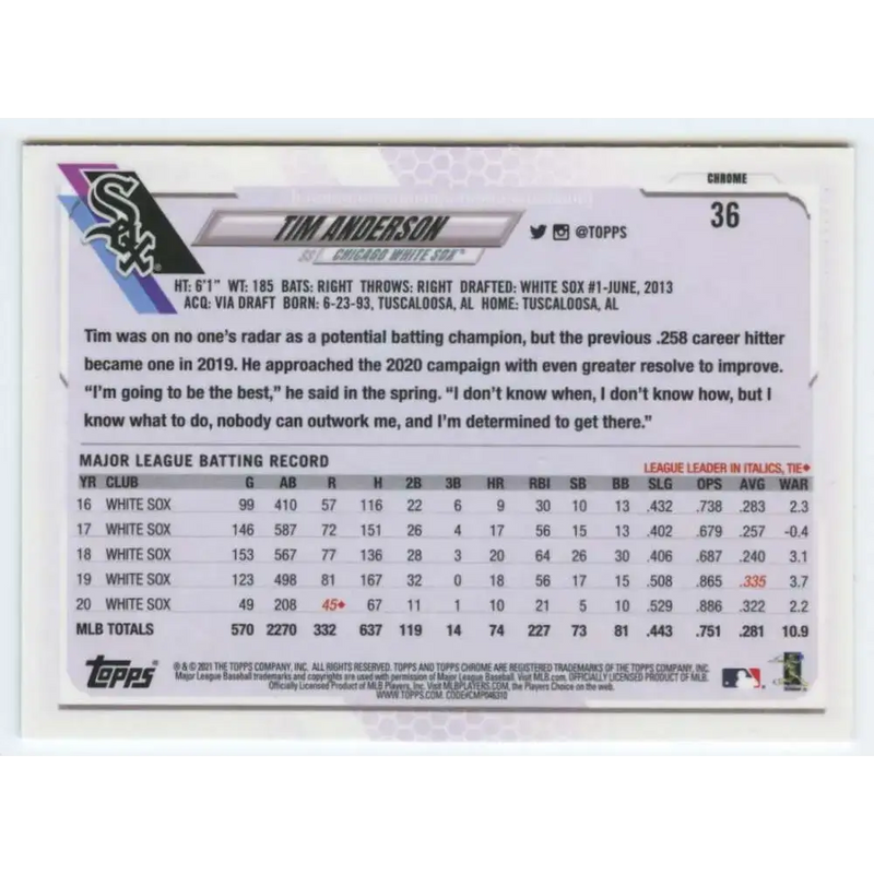 2021 Topps Chrome #36 Tim Anderson NM-MT Chicago White Sox Baseball Card - Baseball Card Single