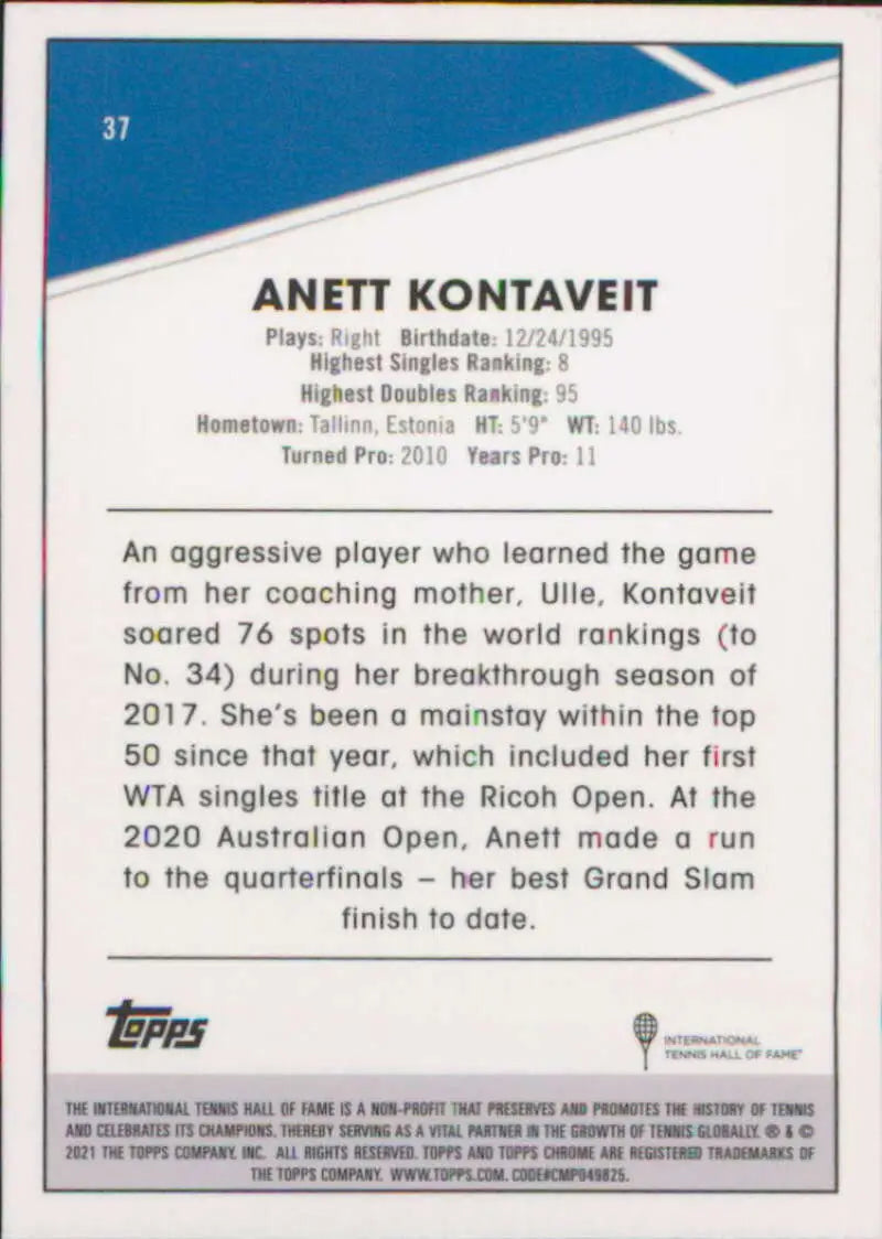2021 Topps Chrome #37 Anett Kontaveit EX Excellent Tennis Card - Other