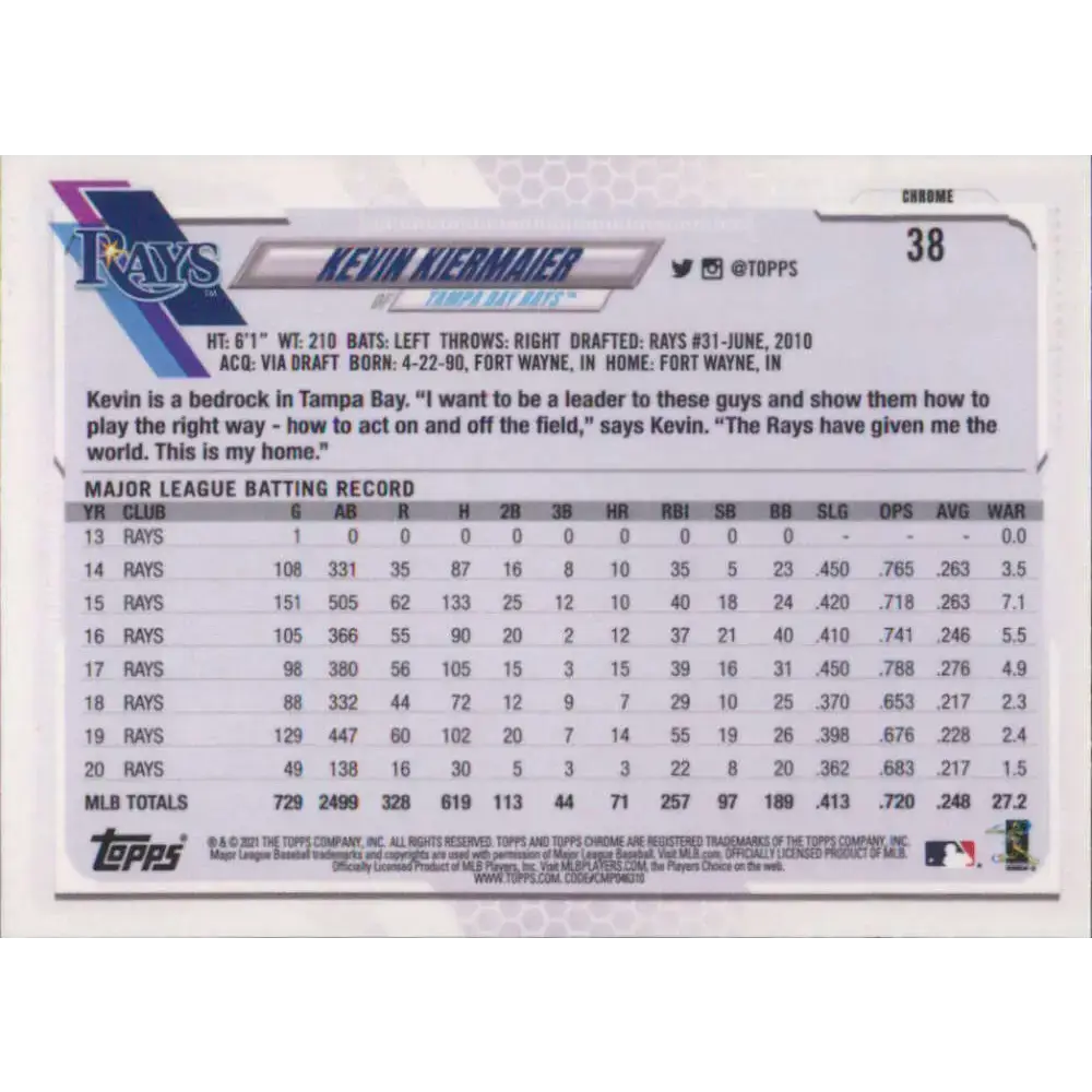 2021 Topps Chrome #38 Kevin Kiermaier NM-MT Tampa Bay Rays Baseball Card - Baseball Card Single