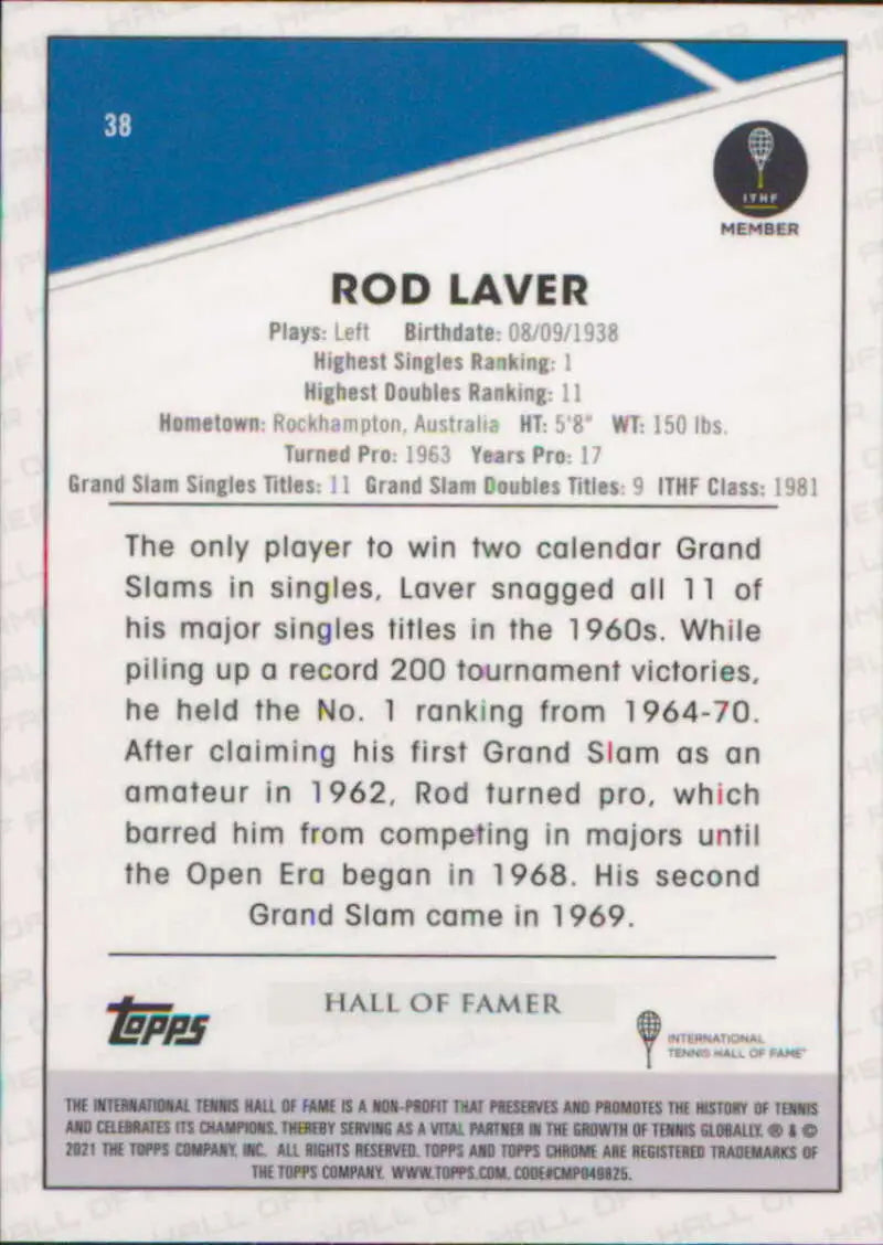 2021 Topps Chrome #38 Rod Laver EX Excellent Tennis Card - Tennis Card Single