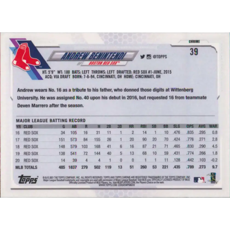 2021 Topps Chrome #39 Andrew Benintendi NM-MT Boston Red Sox Baseball Card - Baseball Card Single