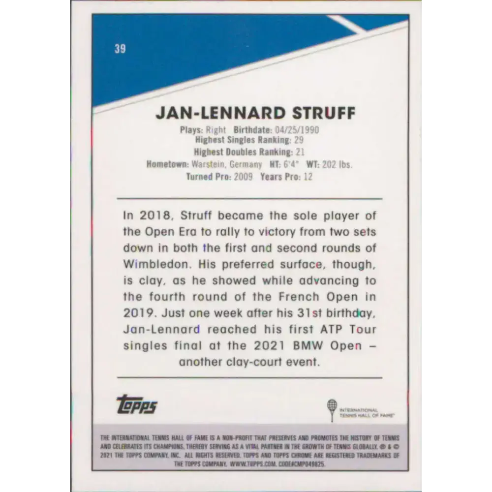 2021 Topps Chrome #39 Jan-Lennard Struff NM-MT Tennis Card - Other