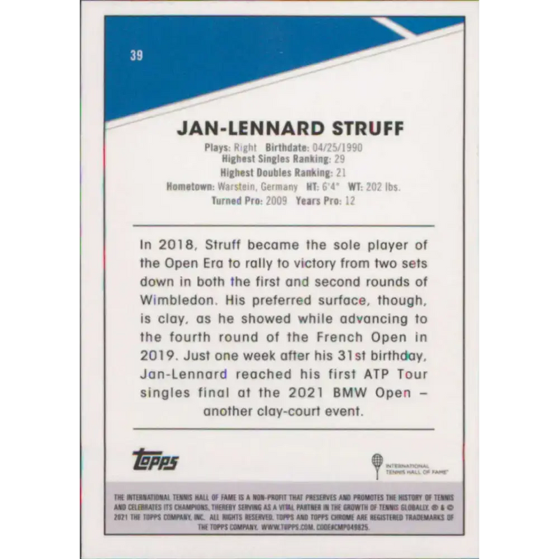 2021 Topps Chrome #39 Jan-Lennard Struff NM-MT Tennis Card - Other
