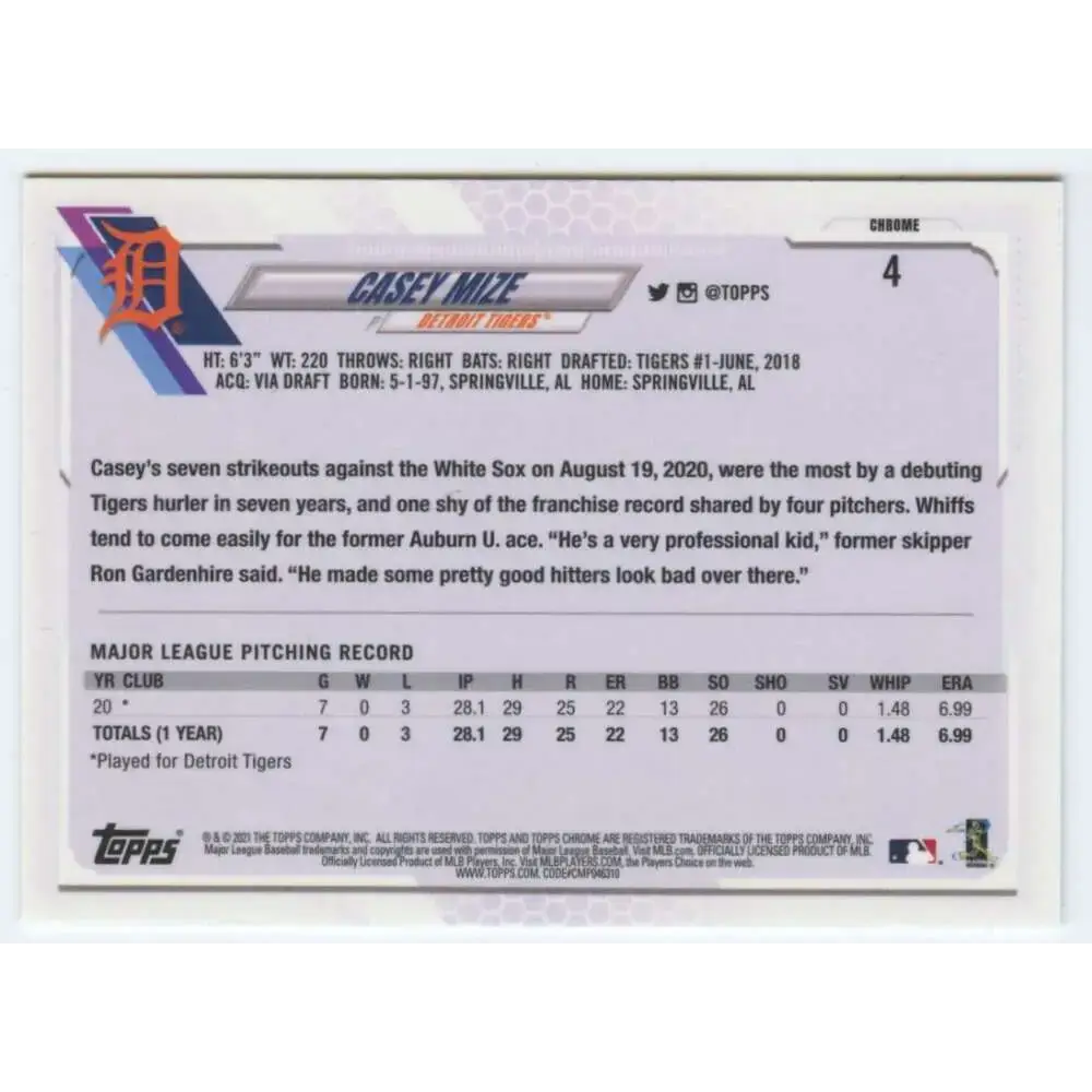 2021 Topps Chrome #4 Casey Mize NM-MT RC Rookie Detroit Tigers Baseball Card - Baseball Card Single