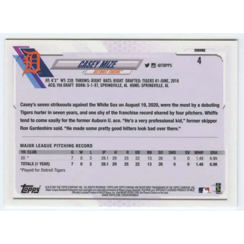 2021 Topps Chrome #4 Casey Mize NM-MT RC Rookie Detroit Tigers Baseball Card - Baseball Card Single