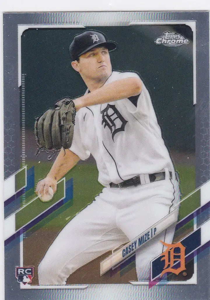 Baseball card of Casey Mize mid-throw, featuring 2021 Topps Chrome RC Detroit Tigers