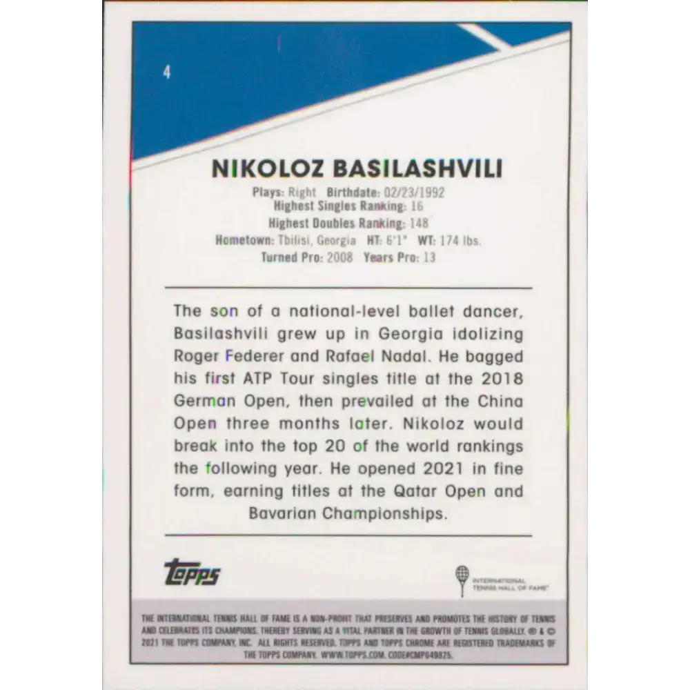 2021 Topps Chrome #4 Nikoloz Basilashvili NM-MT Tennis Card - Tennis Card Single