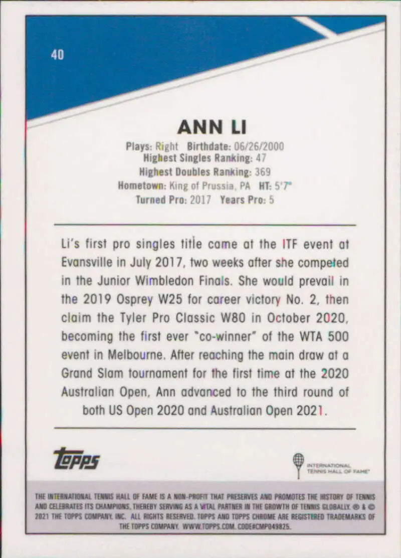2021 Topps Chrome #40 Ann Li EX Excellent Tennis Card - Other