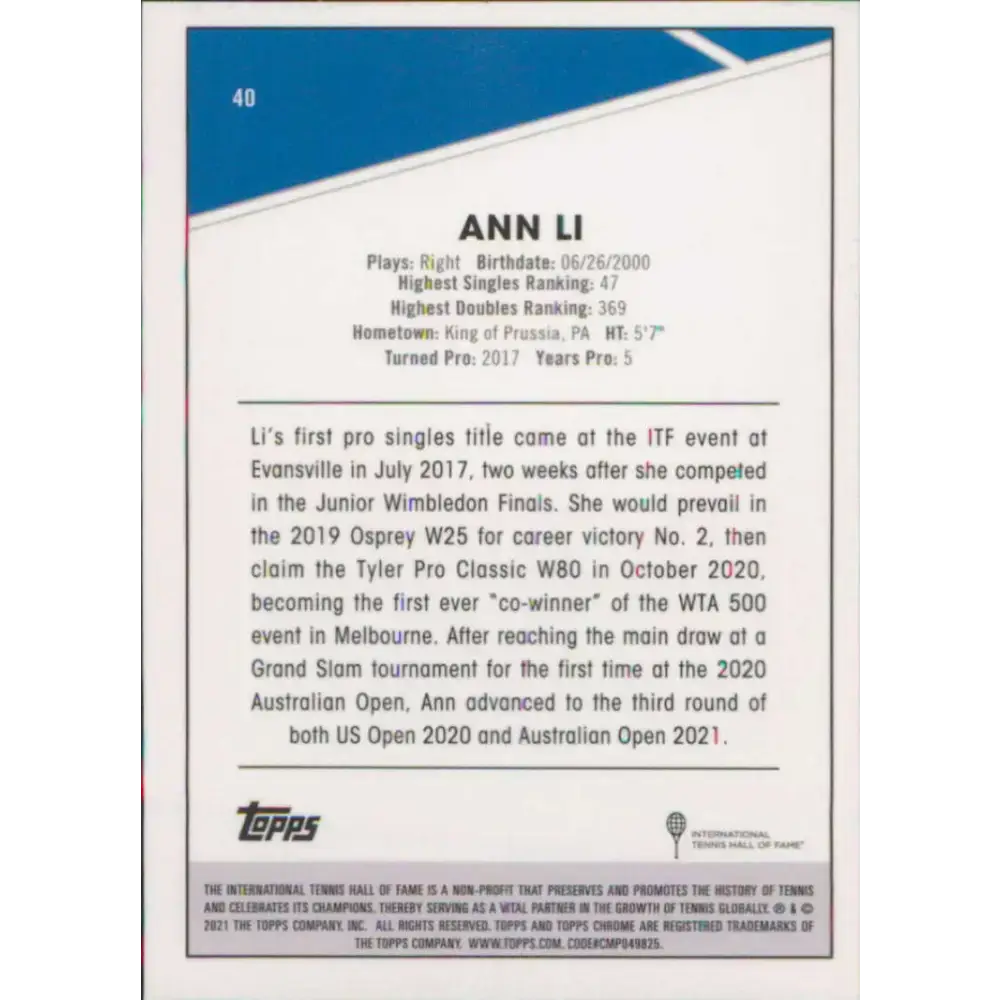 2021 Topps Chrome #40 Ann Li NM-MT Tennis Card - Other