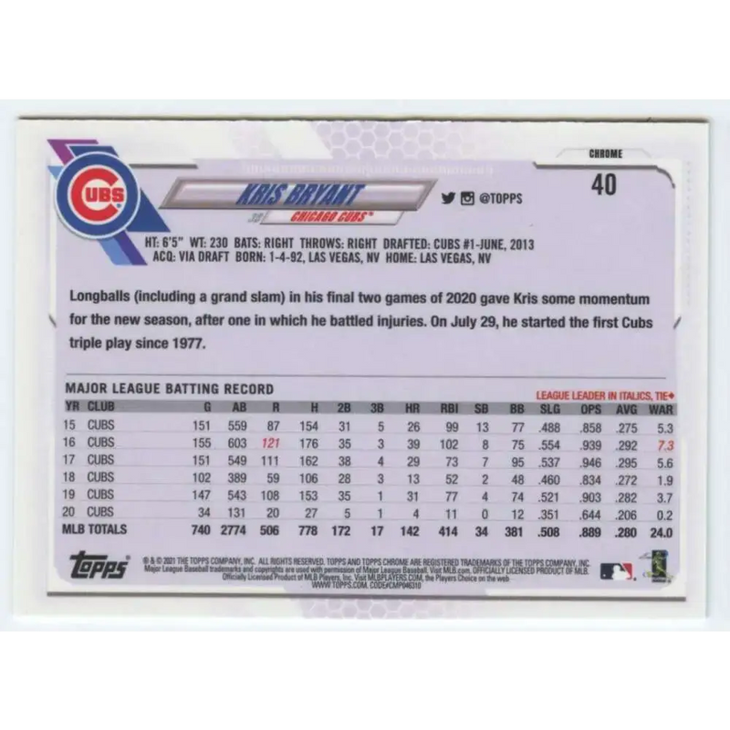 2021 Topps Chrome #40 Kris Bryant NM-MT Chicago Cubs Baseball Card - Baseball Card Single