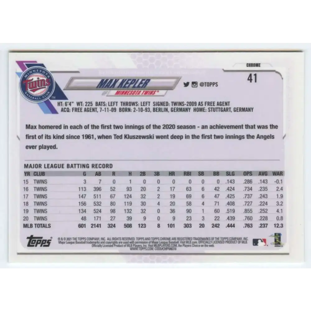 2021 Topps Chrome #41 Max Kepler NM-MT Minnesota Twins Baseball Card - Baseball Card Single