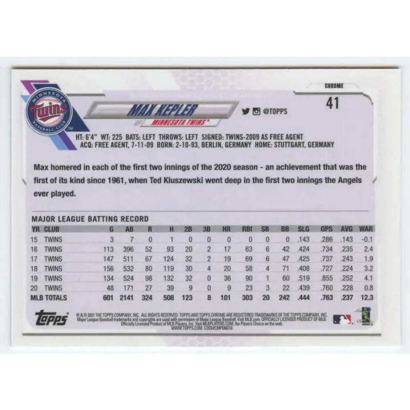 2021 Topps Chrome #41 Max Kepler NM-MT Minnesota Twins Baseball Card - Baseball Card Single