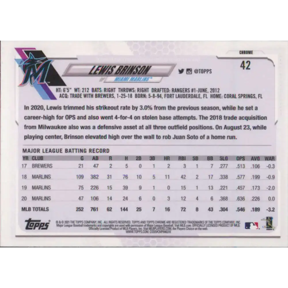 2021 Topps Chrome #42 Lewis Brinson NM-MT Miami Marlins Baseball Card - Baseball Card Single