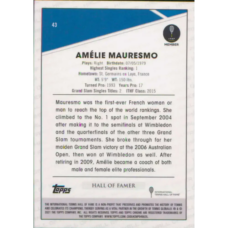 2021 Topps Chrome #43 Amelie Mauresmo NM-MT Tennis Card - Other