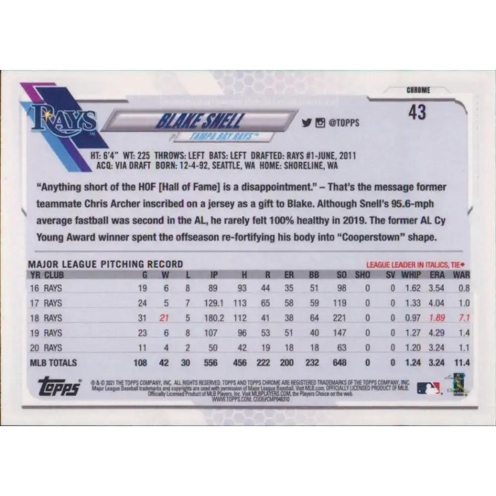 2021 Topps Chrome #43 Blake Snell NM-MT Tampa Bay Rays Baseball Card - Baseball Card Single