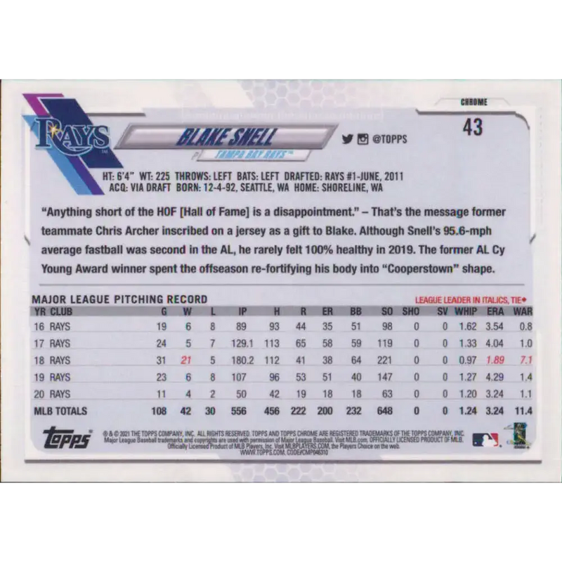 2021 Topps Chrome #43 Blake Snell NM-MT Tampa Bay Rays Baseball Card - Baseball Card Single