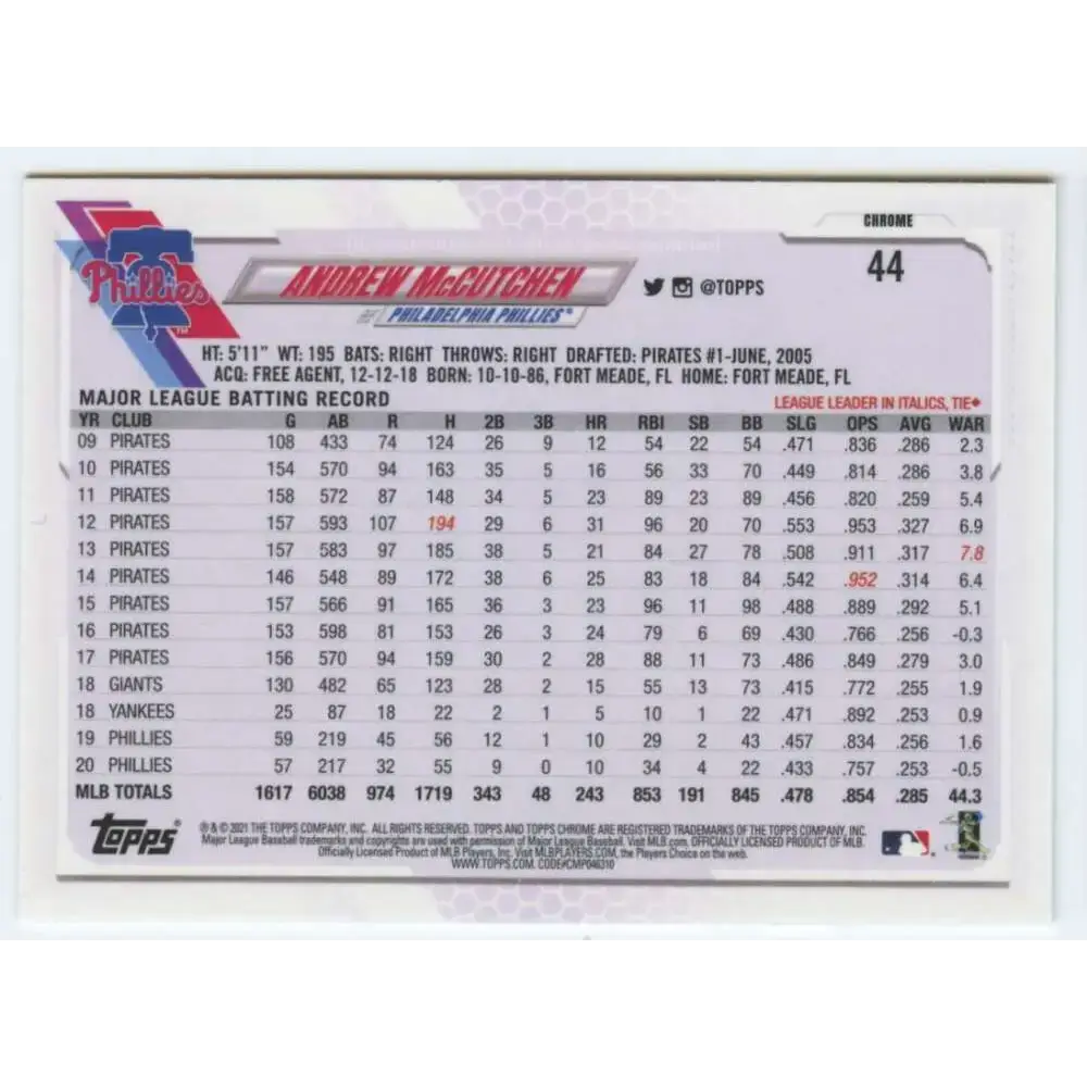 2021 Topps Chrome #44 Andrew McCutchen NM-MT Philadelphia Phillies Baseball Card - Baseball Card Single