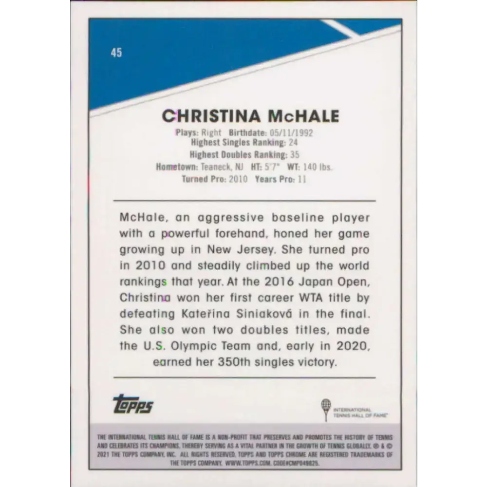 2021 Topps Chrome #45 Christina McHale NM-MT Tennis Card - Other
