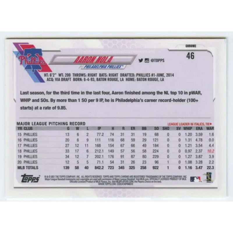 2021 Topps Chrome #46 Aaron Nola NM-MT Philadelphia Phillies Baseball Card - Baseball Card Single