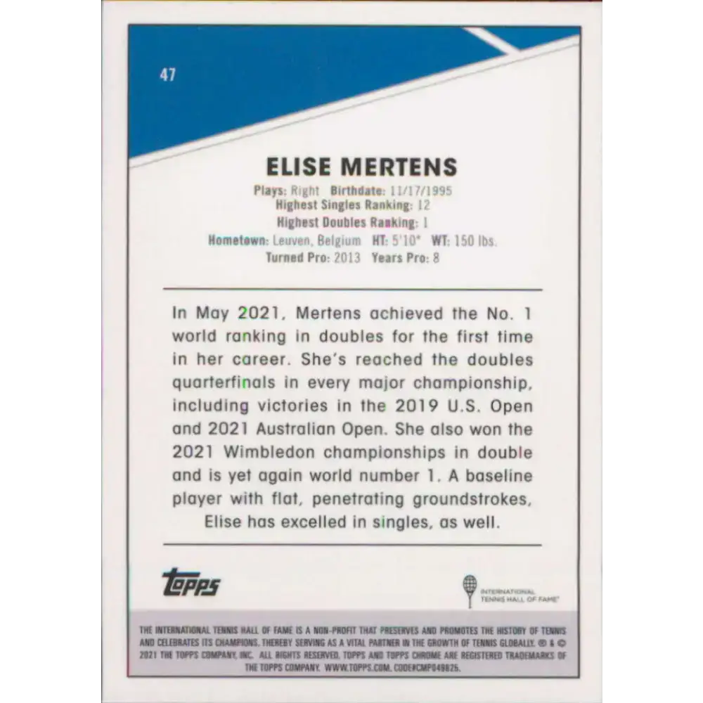 2021 Topps Chrome #47 Elise Mertens NM-MT Tennis Card - Other