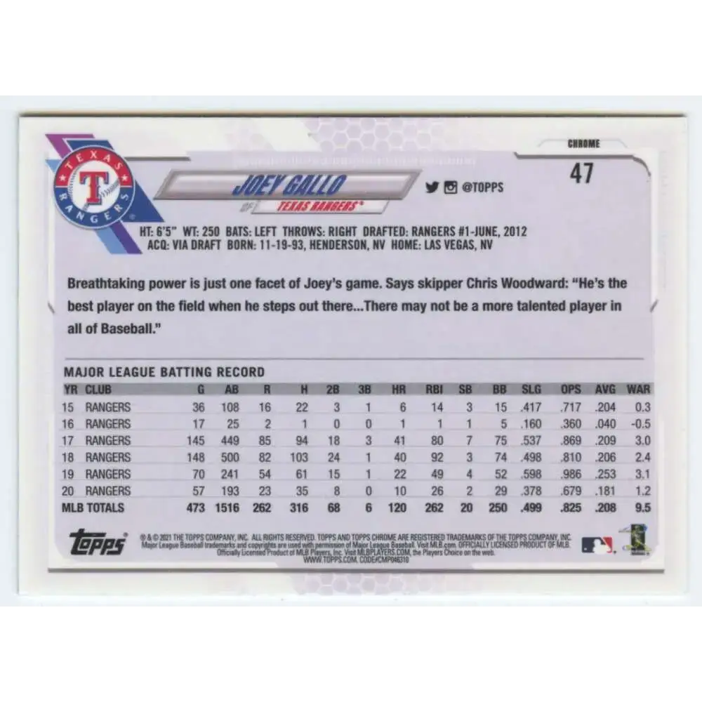 2021 Topps Chrome #47 Joey Gallo NM-MT Texas Rangers Baseball Card - Baseball Card Single