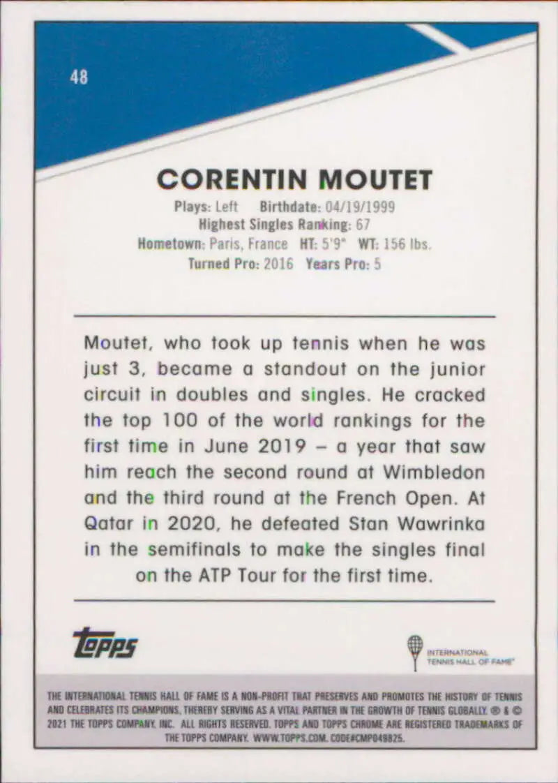 2021 Topps Chrome #48 Corentin Moutet EX Excellent Tennis Card - Other