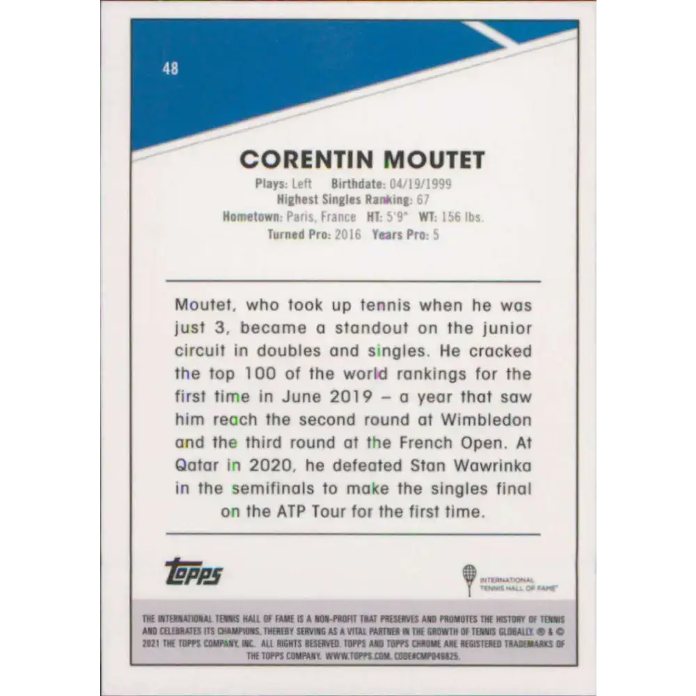 2021 Topps Chrome #48 Corentin Moutet NM-MT Tennis Card - Tennis Card Single