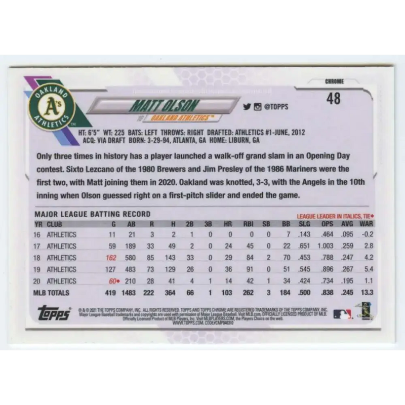 2021 Topps Chrome #48 Matt Olson NM-MT Oakland Athletics Baseball Card - Baseball Card Single