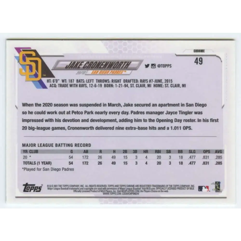 2021 Topps Chrome #49 Jake Cronenworth NM-MT RC Rookie San Diego Padres Baseball Card - Baseball Card Single