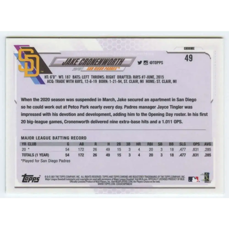 2021 Topps Chrome #49 Jake Cronenworth NM-MT RC Rookie San Diego Padres Baseball Card - Baseball Card Single