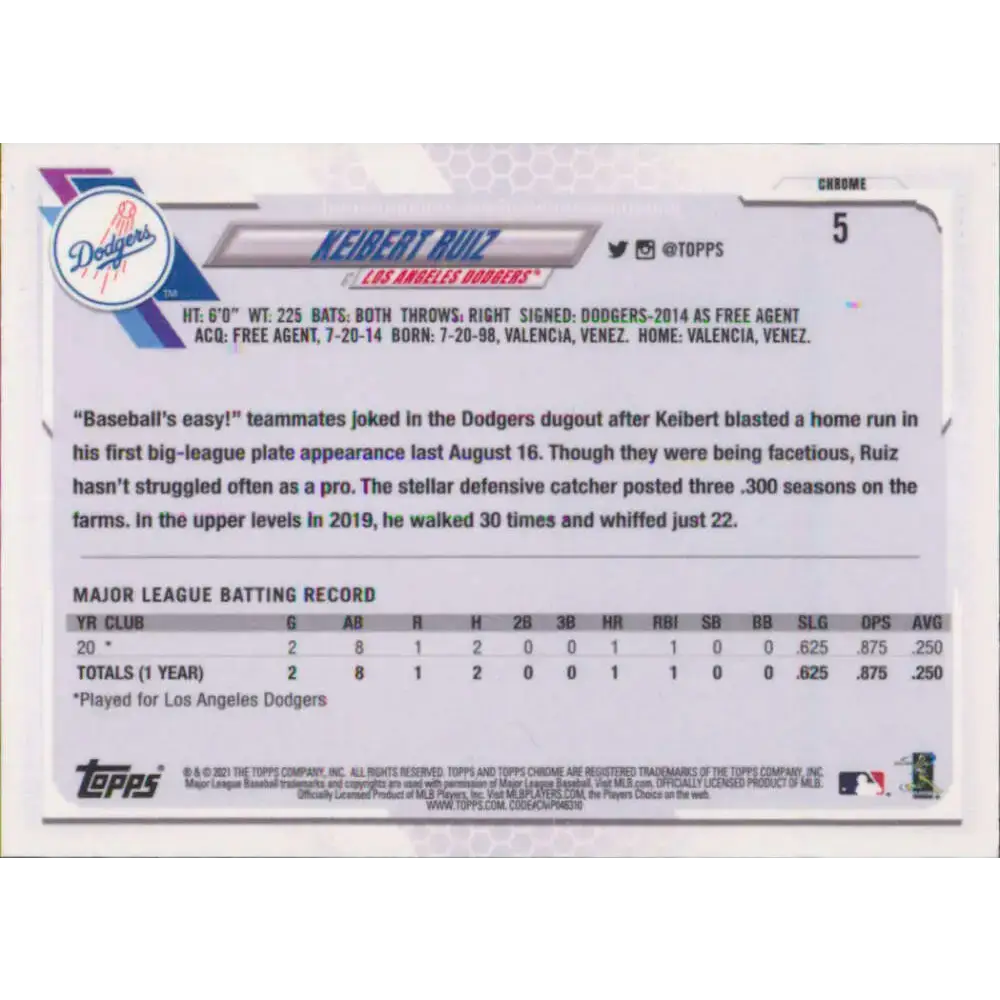 2021 Topps Chrome #5 Keibert Ruiz NM-MT RC Rookie Los Angeles Dodgers Baseball Card - Baseball Card Single