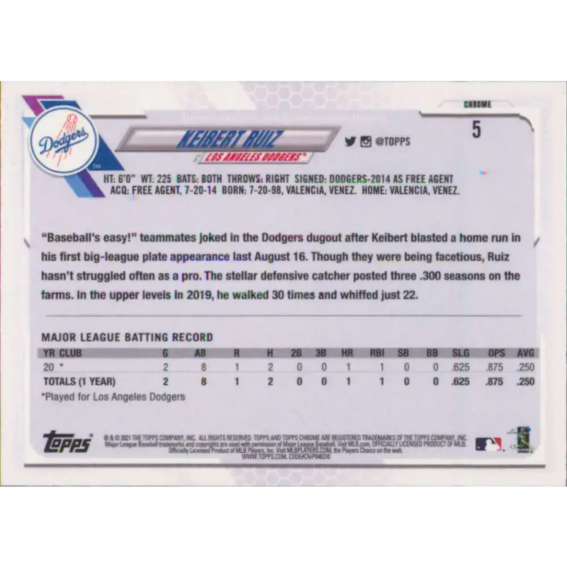 2021 Topps Chrome #5 Keibert Ruiz NM-MT RC Rookie Los Angeles Dodgers Baseball Card - Baseball Card Single