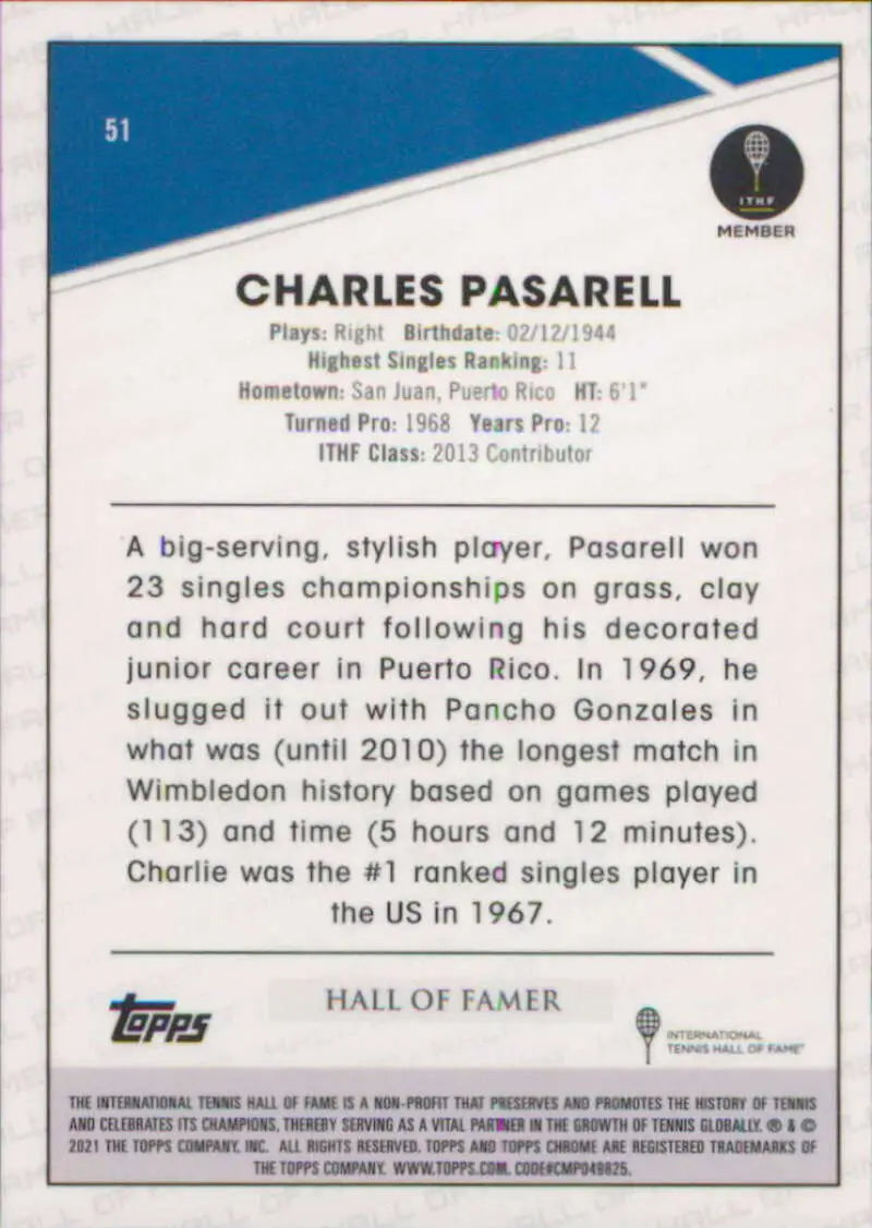 2021 Topps Chrome #51 Charles Pasarell EX Excellent Tennis Card - Other