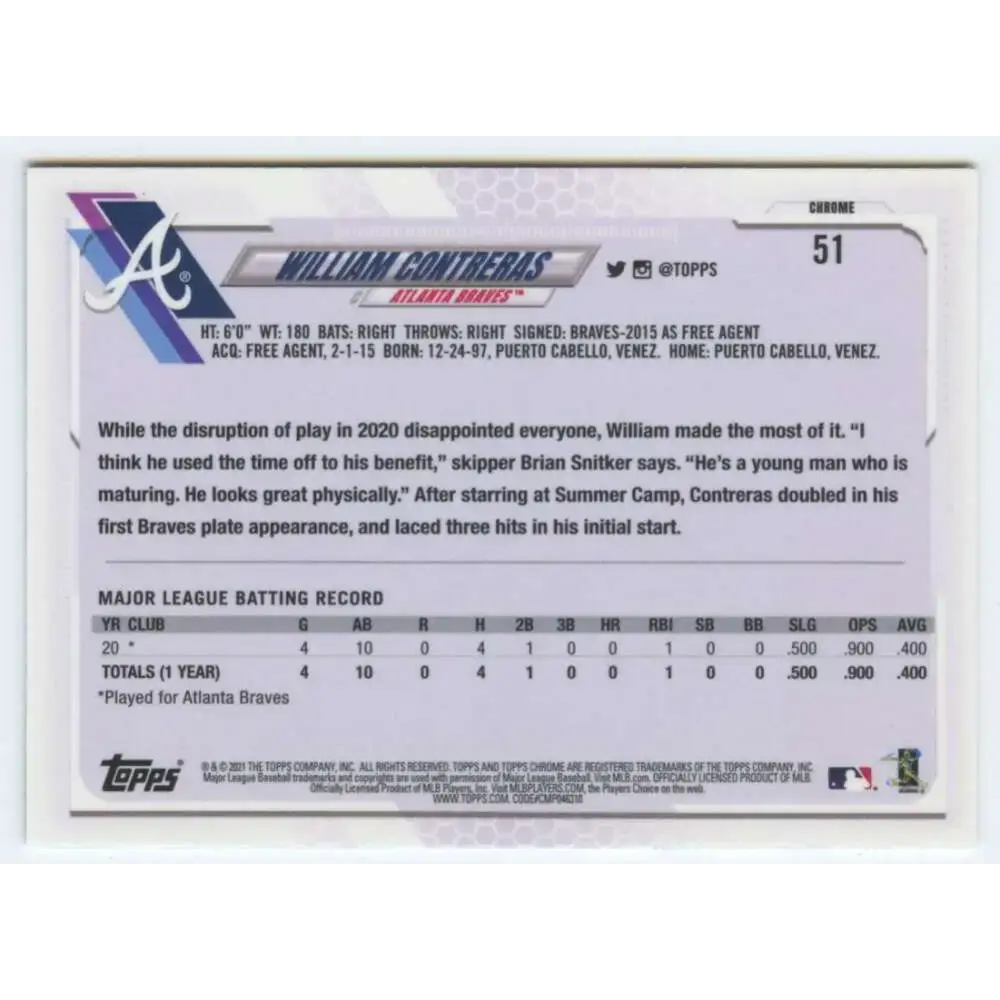 2021 Topps Chrome #51 William Contreras NM-MT RC Rookie Atlanta Braves Baseball Card - Baseball Card Single