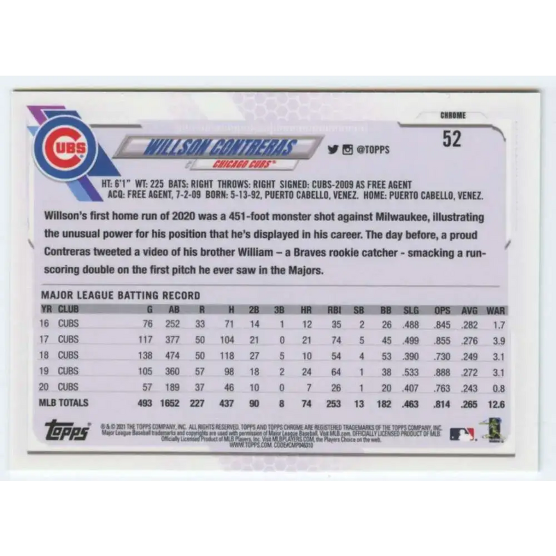 2021 Topps Chrome #52 Willson Contreras NM-MT Chicago Cubs Baseball Card - Baseball Card Single