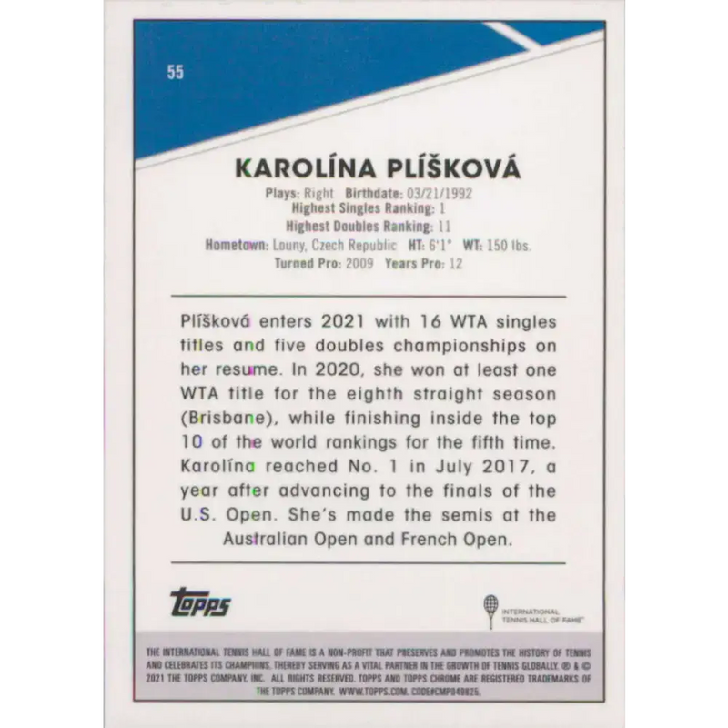 2021 Topps Chrome #55 Karolina Pliskova NM-MT Tennis Card - Tennis Card Single
