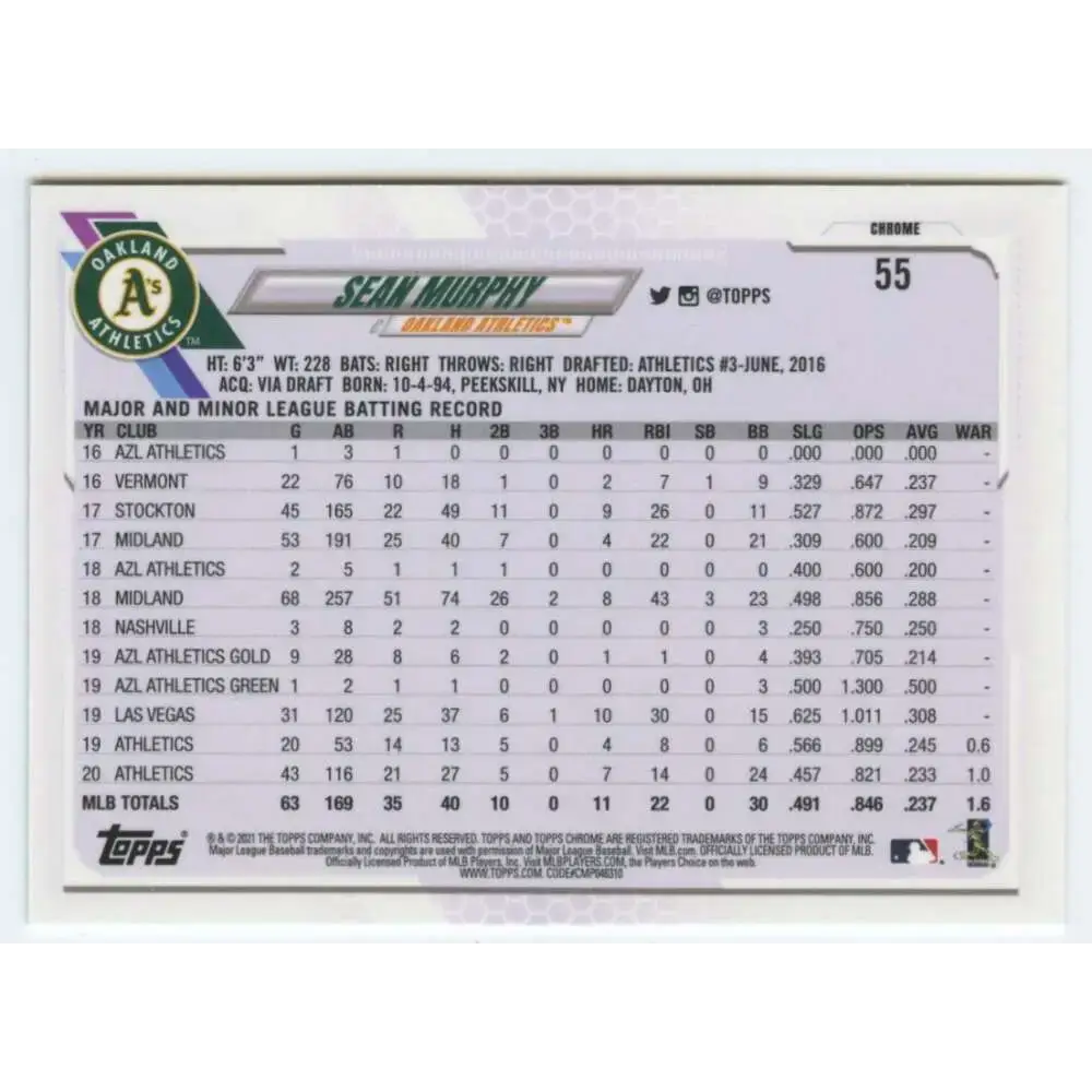 2021 Topps Chrome #55 Sean Murphy NM-MT Oakland Athletics Baseball Card - Baseball Card Single