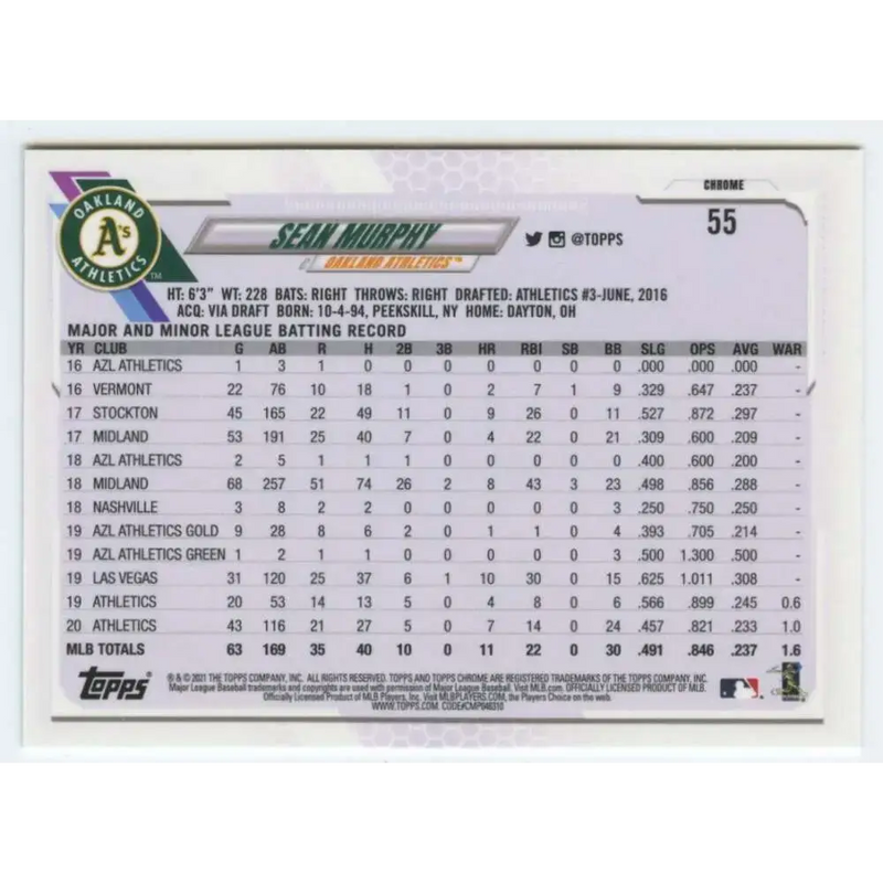 2021 Topps Chrome #55 Sean Murphy NM-MT Oakland Athletics Baseball Card - Baseball Card Single