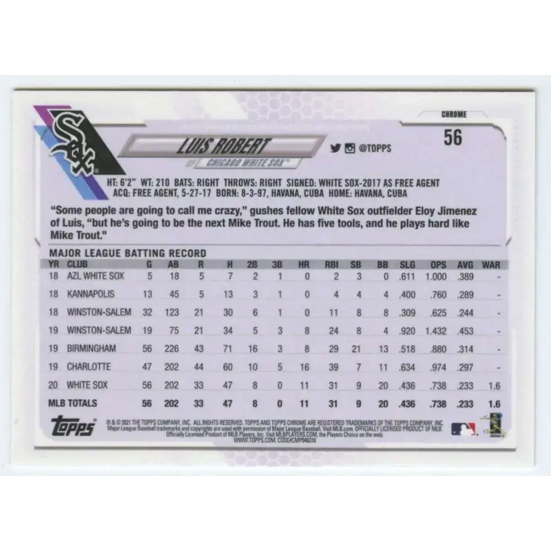 2021 Topps Chrome #56 Luis Robert NM-MT Chicago White Sox Baseball Card - Baseball Card Single